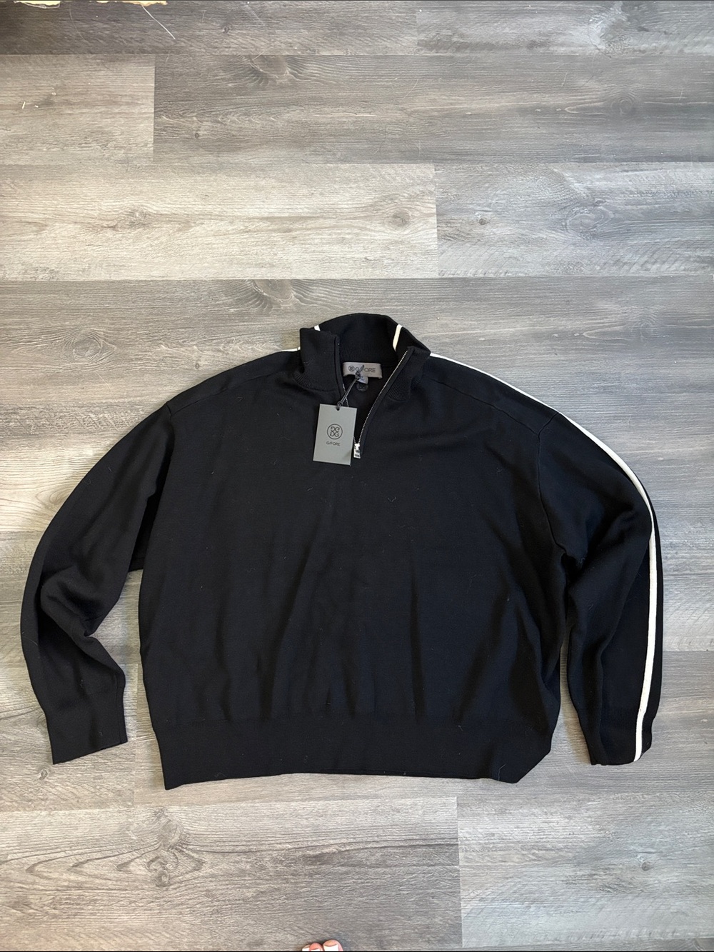 G/FORE Black Quarter-Zip Sweater with White Sleeve Stripe